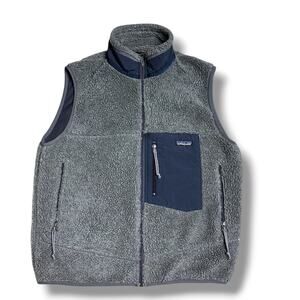 Vintage 90s Patagonia Retro X Deep Pile Vest Gray Blue Fleece Canada Made Sz M